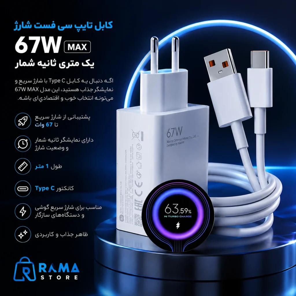 کابل تایپ سی فست شارژ 67 وات یک متری ثانیه شمار MAX